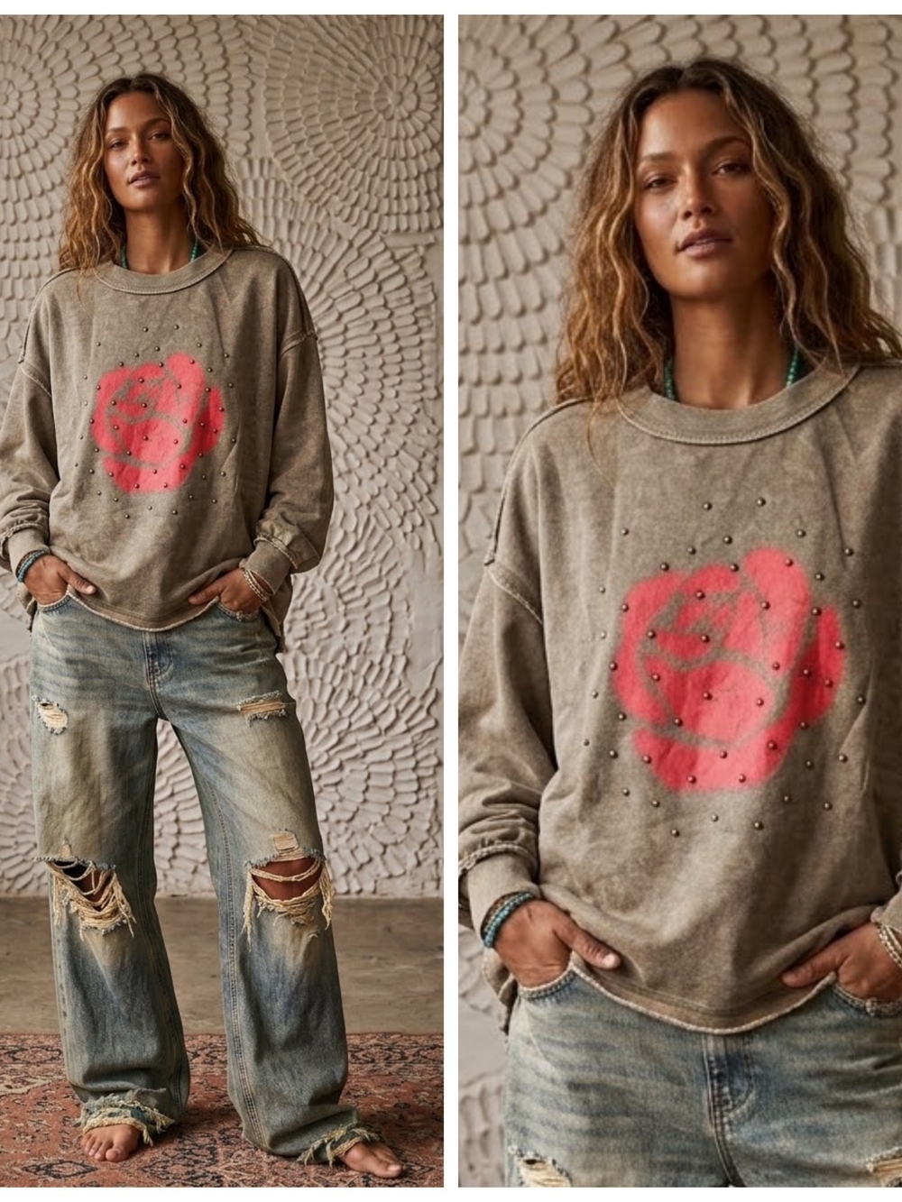 Washed Sweatshirt with Red Rose Studded Graphic